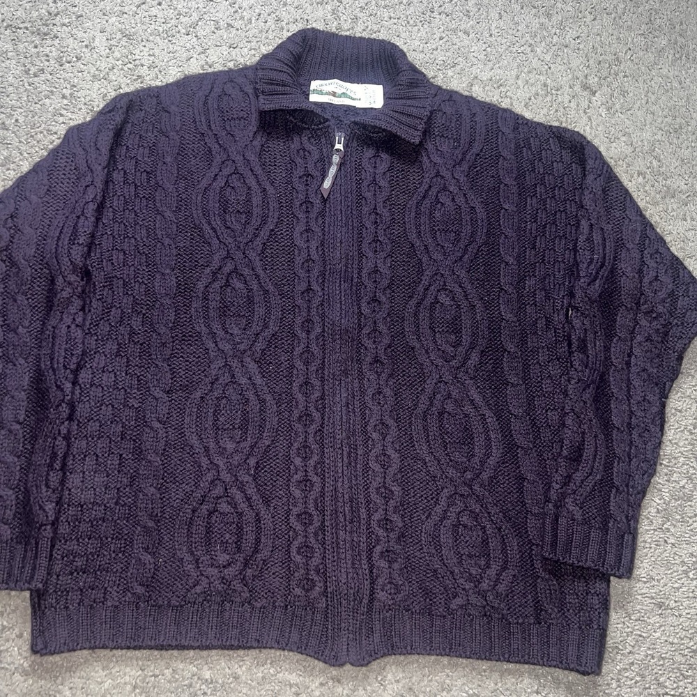Aran Crafts Ireland 100% Merino Wool Cardigan Sweater Zip Up Chunky Knit Purple
